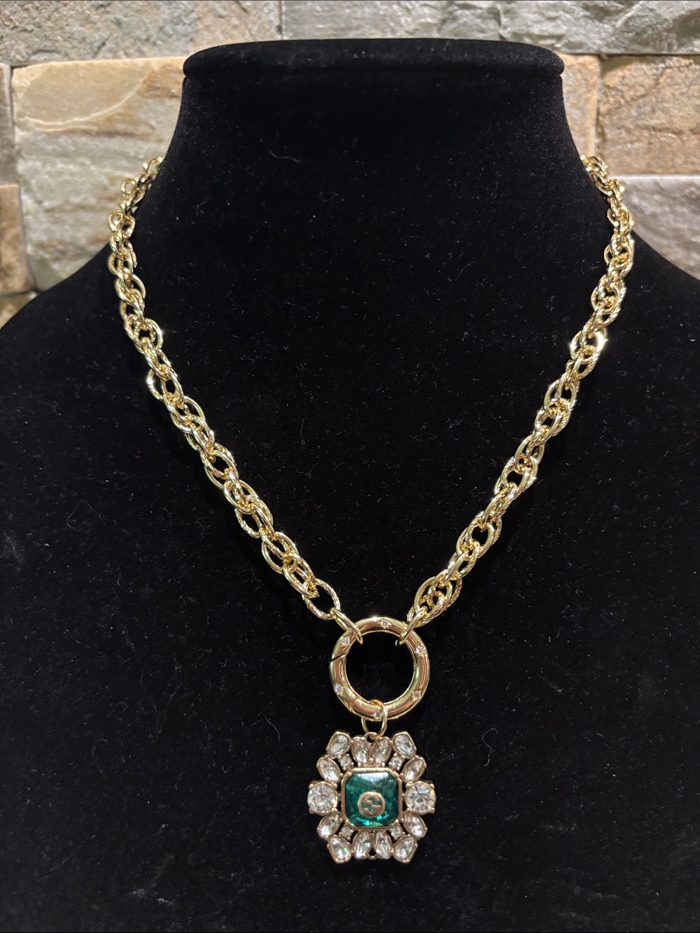 Gold Chain Necklace with Vintage Gucci Green and Clear Stone Pendant